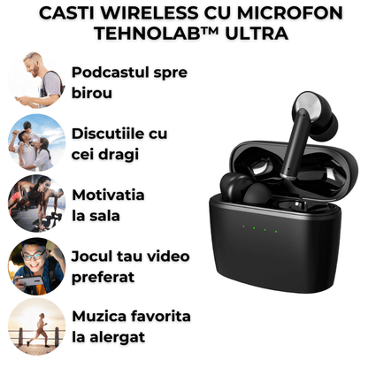 Casti wireless TehnoLab™ Ultra, izolare fonica activa ANC, anularea zgomotului ENC dublu, calitate sunet HiFi lossless, heavy bass, rezistente la apa IPX7, fara fir, microfon incorporat, sport, gaming, Bluetooth 5.3, 80 ore autonomie