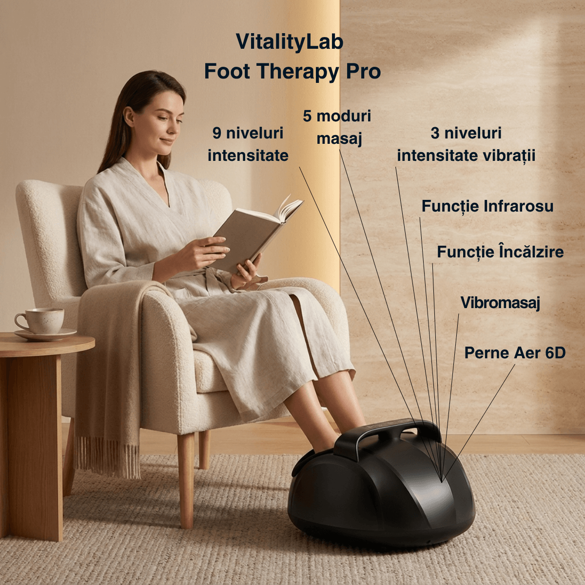 Aparat masaj picioare Foot Therapy Pro Vitality Lab, aparat premium masaj talpi si picioare, masaj perne aer 6D, masaj shiatsu, vibromasaj, incalzire 40-50°C, terapie infrarosu, 9 niveluri intensitate, 5 moduri masaj, display touchscreen si telecomanda