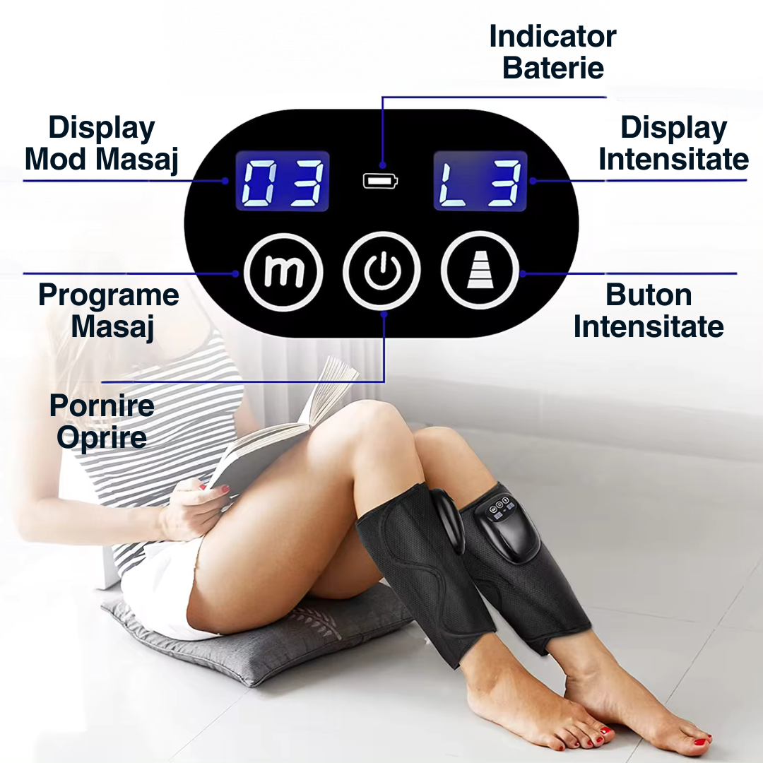 Aparat masaj picioare si maini wireless Easy Vitality Lab™, masaj terapeutic, drenaj limfatic, 3 programe masaj, 3 niveluri intensitate, masaj refacere musculara, relaxare, masaj circulator, dureri si inflamatie