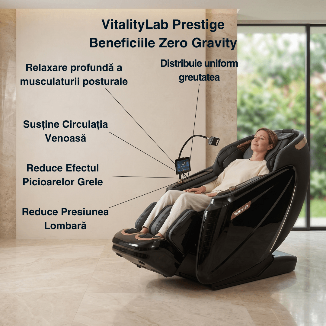 Fotoliu masaj Prestige Vitality Lab, scaun masaj 3D, robot inteligent dublu 4+6 role, sina SL 135 cm, 24 programe automate, 8 tehnici manuale, masaj terapeutic, reflexoterapie, incalzire, drenaj limfatic, Zero Gravity, Health Monitor, Bluetooth