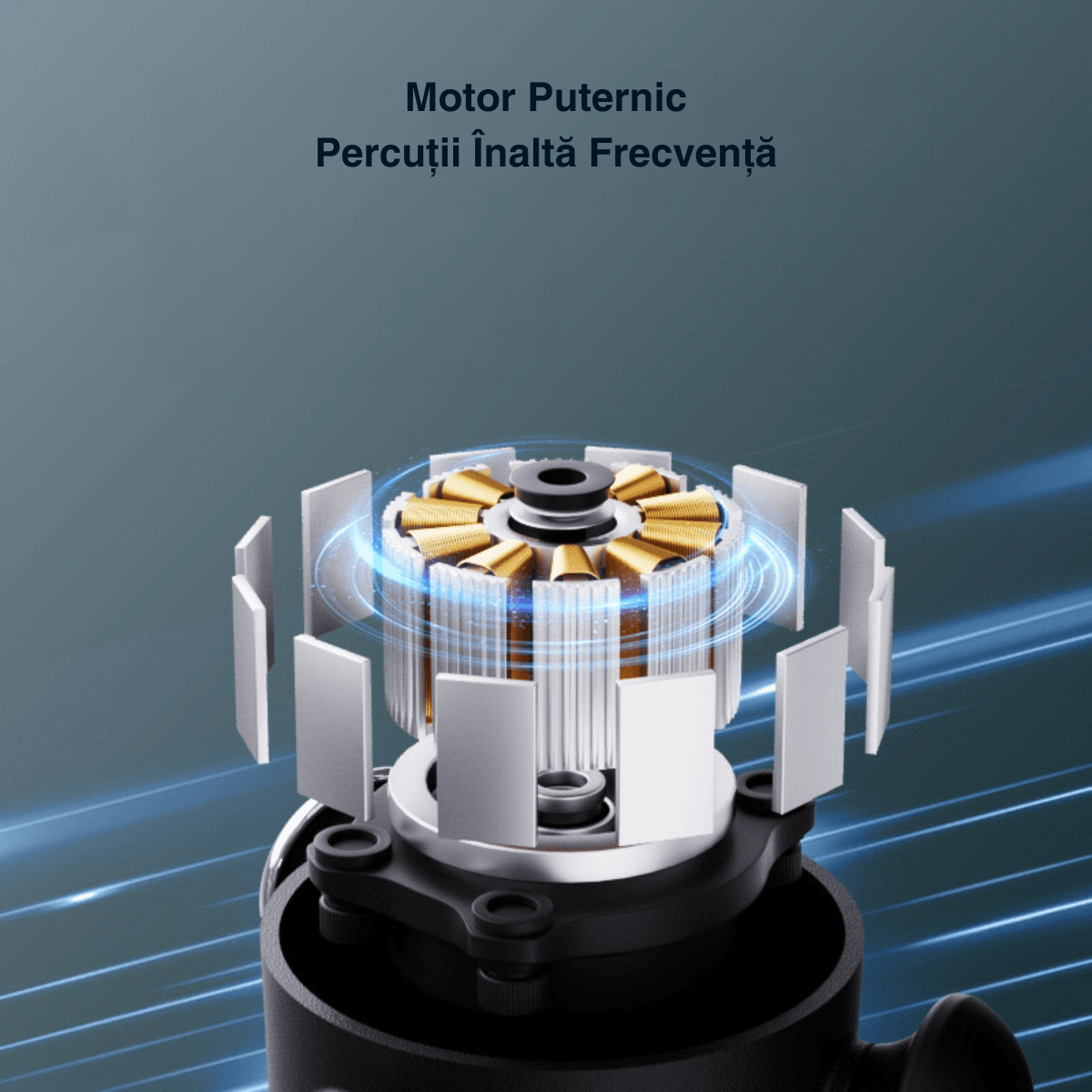 Pistol de masaj Percussion Pro Vitality Lab, pistol masaj muscular, aparat masaj prin percutie, percutii de inalta frecventa, 5 viteze 5500-7000 rpm, amplitudine 3mm, forta 14 kg, motor brushless, baterie 2900 mAh, masaj relaxare si recuperare musculara