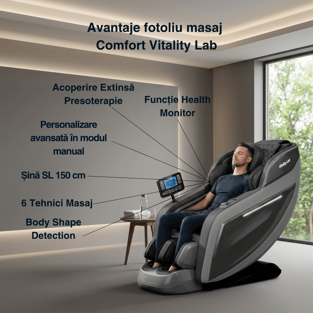 Fotoliu masaj Comfort Vitality Lab, scaun masaj 3D, sina SL long 150 cm, 20 programe automate, 6 tehnici manuale, masaj terapeutic, reflexoterapie, incalzire, drenaj limfatic, Zero Gravity, Health Monitor, Bluetooth