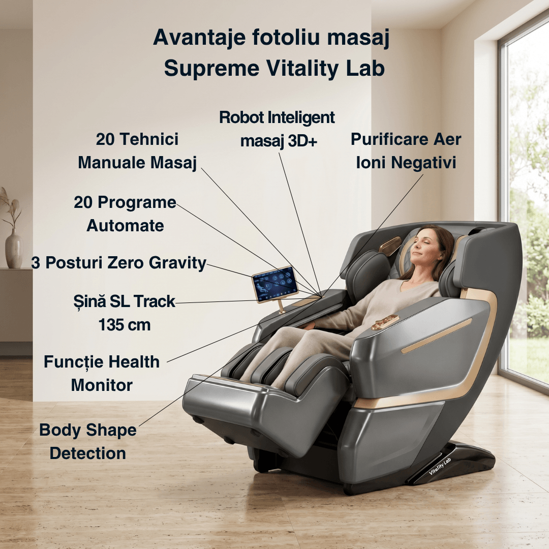 Fotoliu masaj Supreme Vitality Lab, scaun masaj 3D+, sina SL 135 cm, 20 programe automate, 20 tehnici manuale, 3 pozitii Zero Gravity, masaj terapeutic, reflexoterapie, incalzire, drenaj limfatic, ioni negativi, Health Monitor, Bluetooth