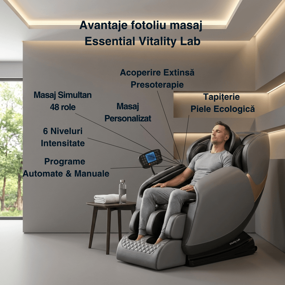 Fotoliu masaj Essential Vitality Lab, scaun masaj 2D, 20 programe automate, 2 tehnici masaj, 48 role, masaj terapeutic, reflexoterapie, incalzire, drenaj limfatic, Zero Gravity, Bluetooth