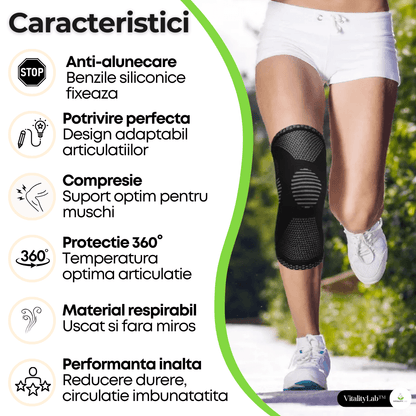 Genunchiera Vitality Lab™, orteza genunchi elastica, preventie tendinita, tratament luxatie, ameliorare gonartroza, artroza, compresie genunchi, protectie menisc
