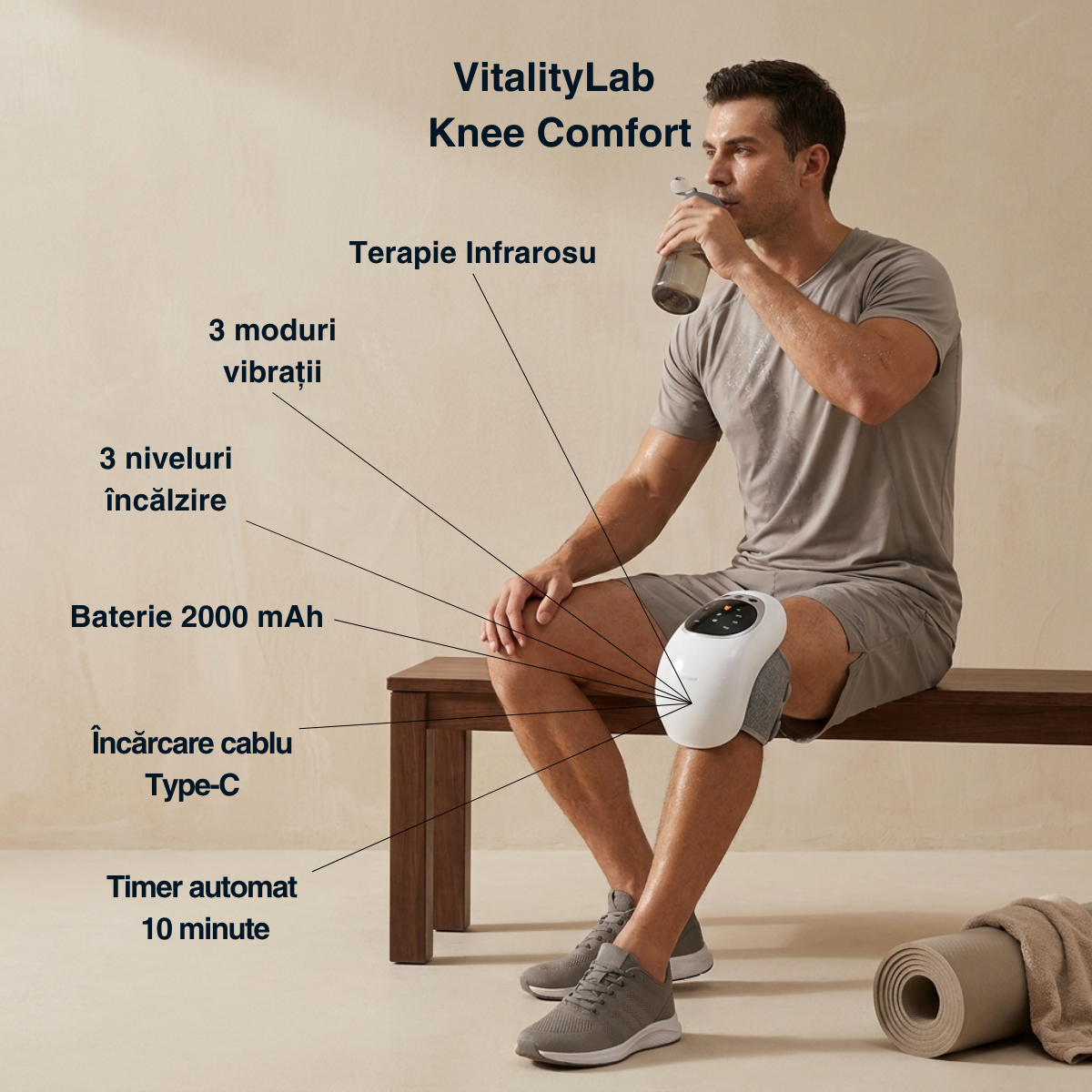 Aparat masaj genunchi Knee Comfort Vitality Lab, aparat de masaj pentru genunchi cu incalzire, vibratii si terapie cu lumina rosie, 3 moduri vibratii, 3 niveluri incalzire, baterie 2000 mAh, incarcare Type-C, masaj relaxare si confort articular