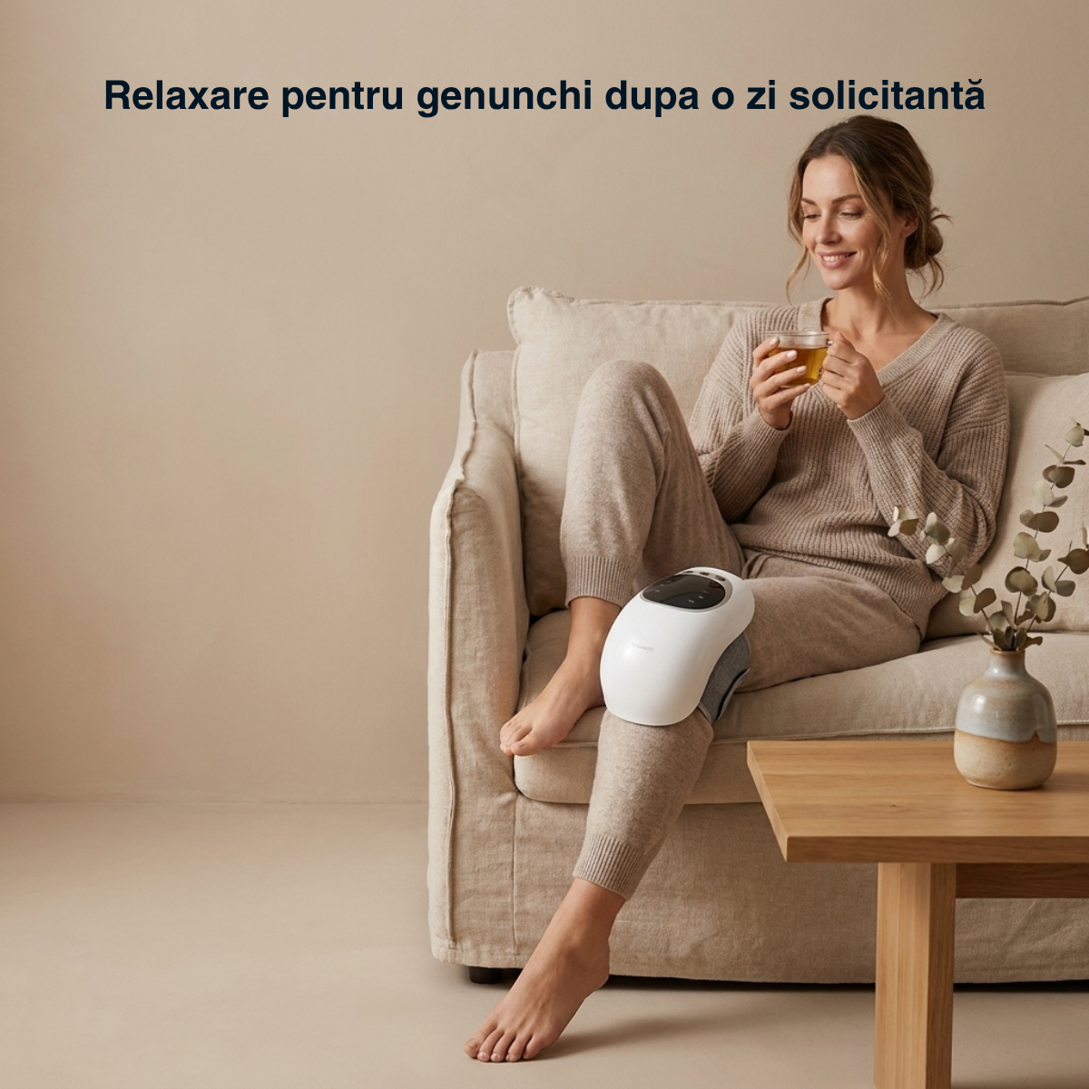 Aparat masaj genunchi Knee Comfort Vitality Lab, aparat de masaj pentru genunchi cu incalzire, vibratii si terapie cu lumina rosie, 3 moduri vibratii, 3 niveluri incalzire, baterie 2000 mAh, incarcare Type-C, masaj relaxare si confort articular