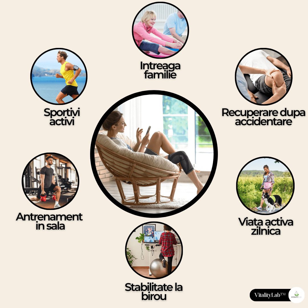 Genunchieră VitalityLab, orteză genunchi elastică, prevenție tendinită, tratament luxație, ameliorare gonartroză, artroză, compresie genunchi, protecție menisc