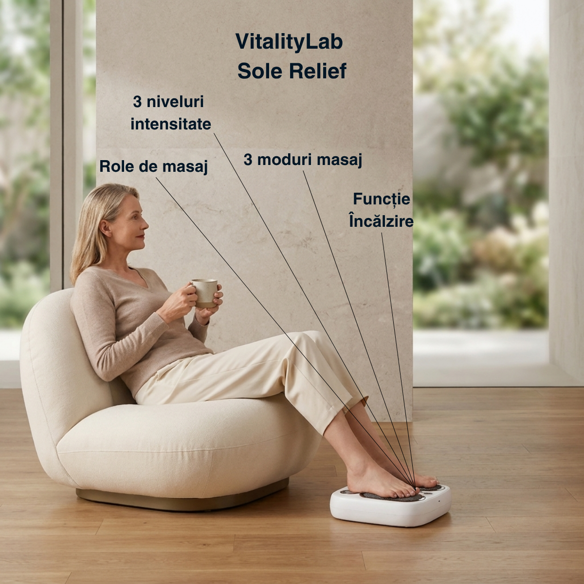 Aparat masaj talpi si gambe Sole Relief Vitality Lab, aparat masaj picioare cu masaj shiatsu, role masaj, framantare, incalzire si terapie infrarosu, 3 moduri masaj, 3 niveluri intensitate, baterie 2500 mAh, masaj relaxare talpi, gambe si picioare obosite