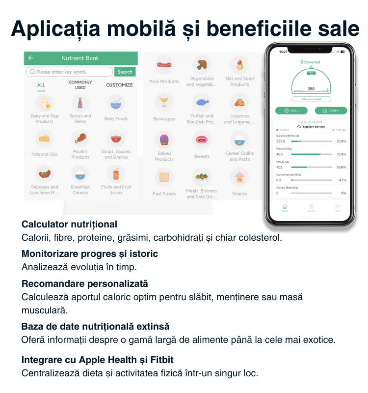 Cântar bucătărie inteligent Vitality Lab™ Nutri Steel – 24 indici nutriționali, calorii, aplicație iOS/Android, inox, Apple Health, Fitbit