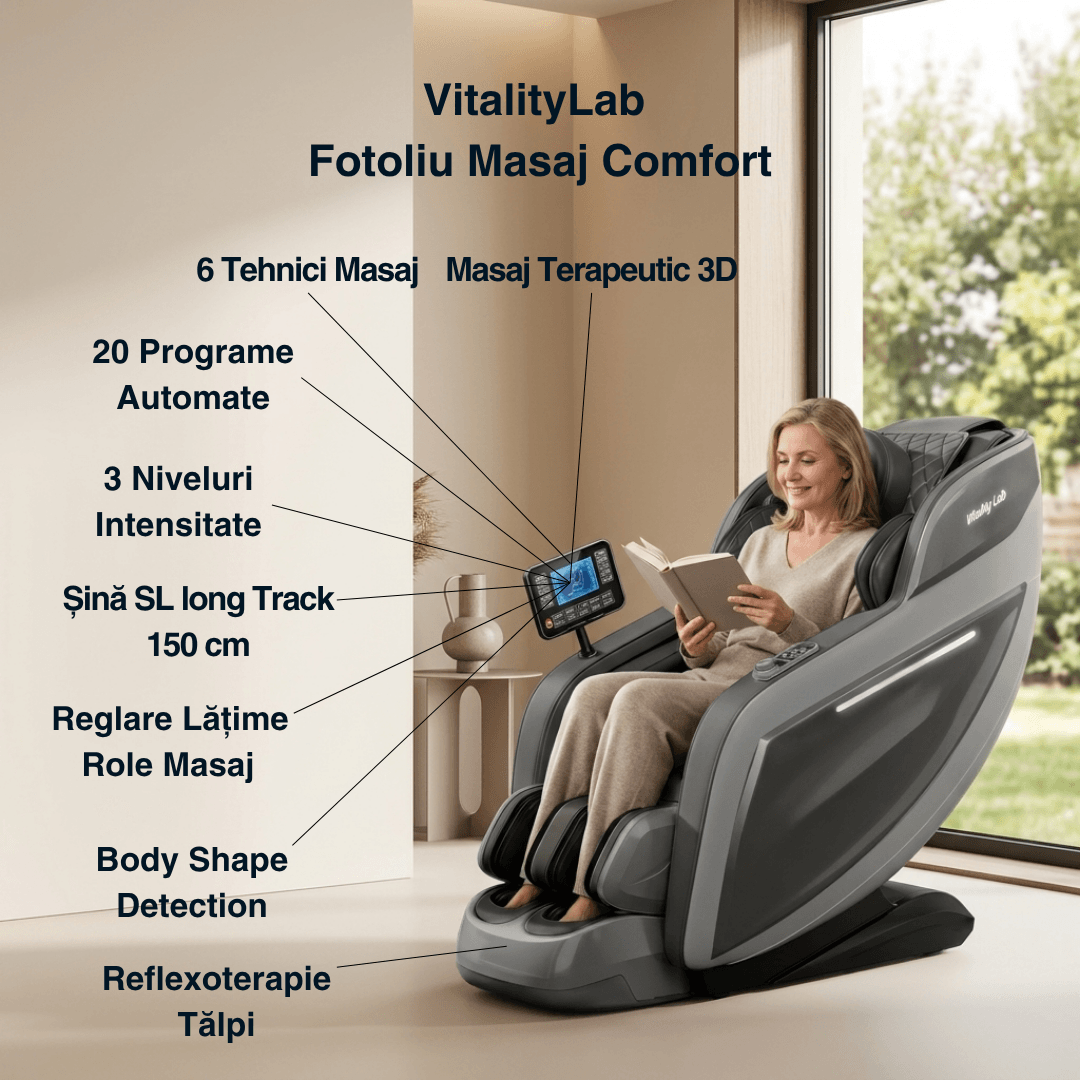 Fotoliu masaj Comfort Vitality Lab, scaun masaj 3D, sina SL long 150 cm, 20 programe automate, 6 tehnici manuale, masaj terapeutic, reflexoterapie, incalzire, drenaj limfatic, Zero Gravity, Health Monitor, Bluetooth