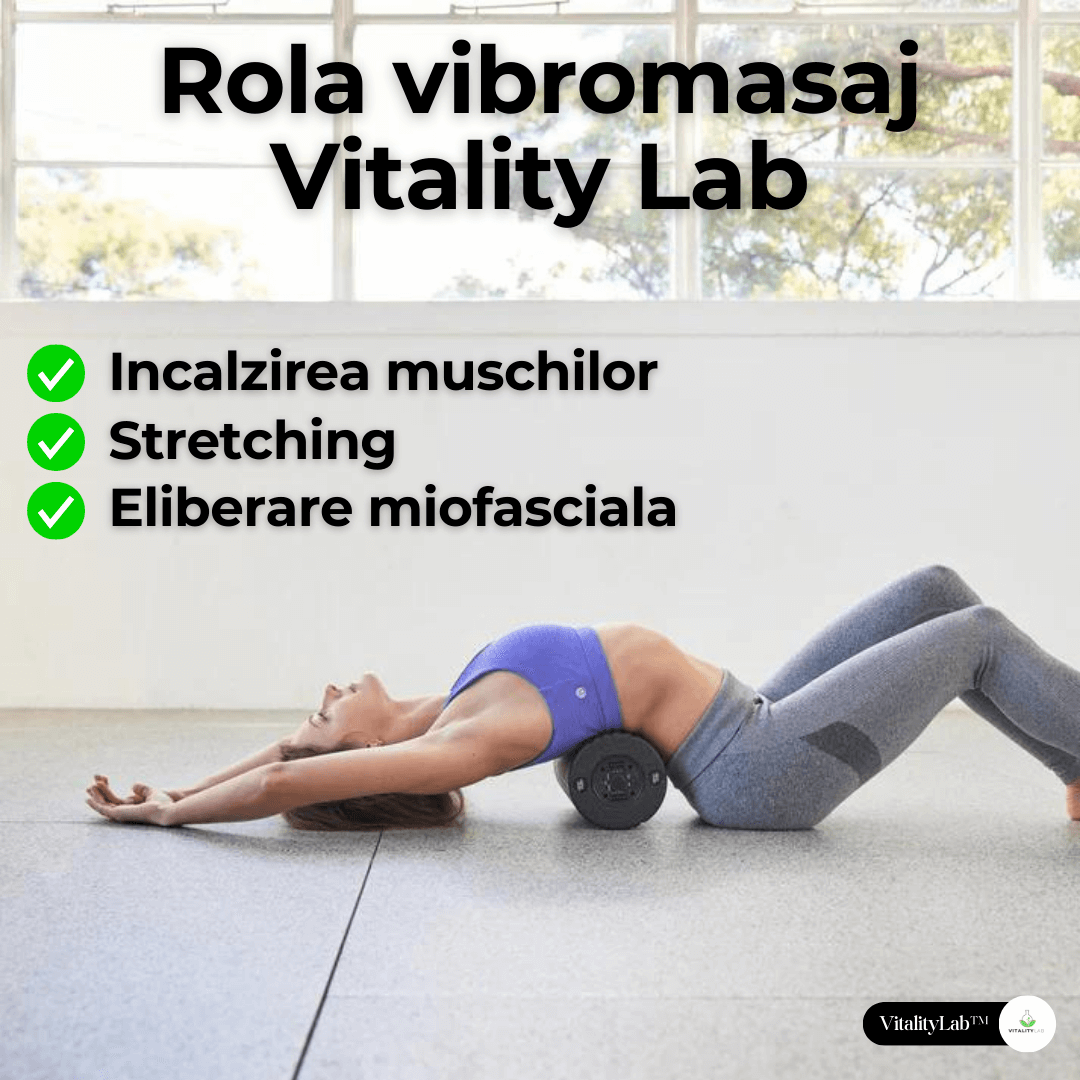 Rola masaj terapeutic Vitality Lab™, vibromasaj, 4 niveluri de intensitate, recuperare dureri lombare, masaj cervical, refacere musculara, circulatie sanguina, eliberare miofasciala, control wireless, incarcare USB C