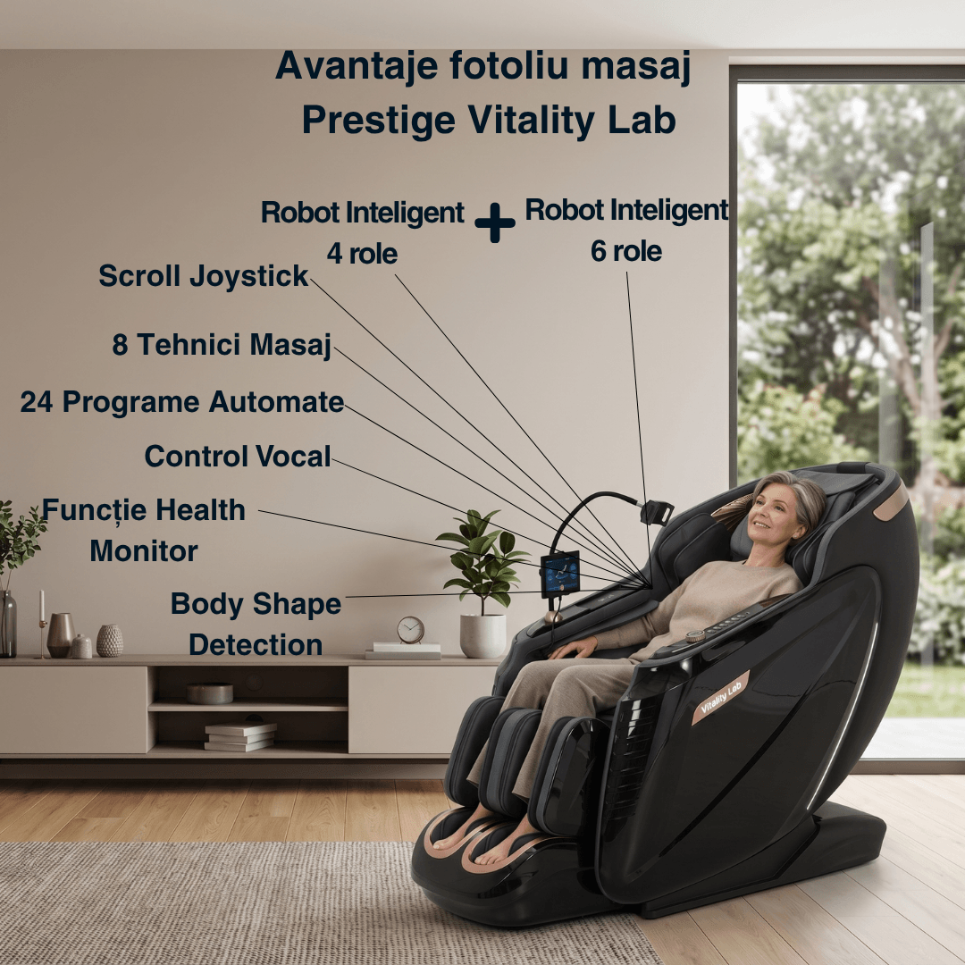 Fotoliu masaj Prestige Vitality Lab, scaun masaj 3D, robot inteligent dublu 4+6 role, sina SL 135 cm, 24 programe automate, 8 tehnici manuale, masaj terapeutic, reflexoterapie, incalzire, drenaj limfatic, Zero Gravity, Health Monitor, Bluetooth