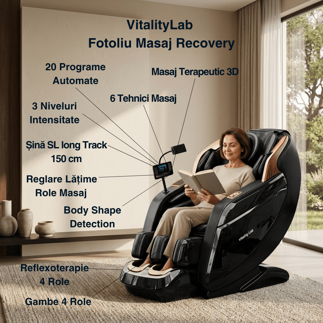 Fotoliu masaj Recovery Vitality Lab, scaun masaj 3D, sina SL 167 cm, 20 programe automate, 6 tehnici manuale, 22 camere de aer, role din jad, masaj terapeutic, reflexoterapie, incalzire, drenaj limfatic, ioni negativi, Zero Gravity, Bluetooth, max. 140 kg