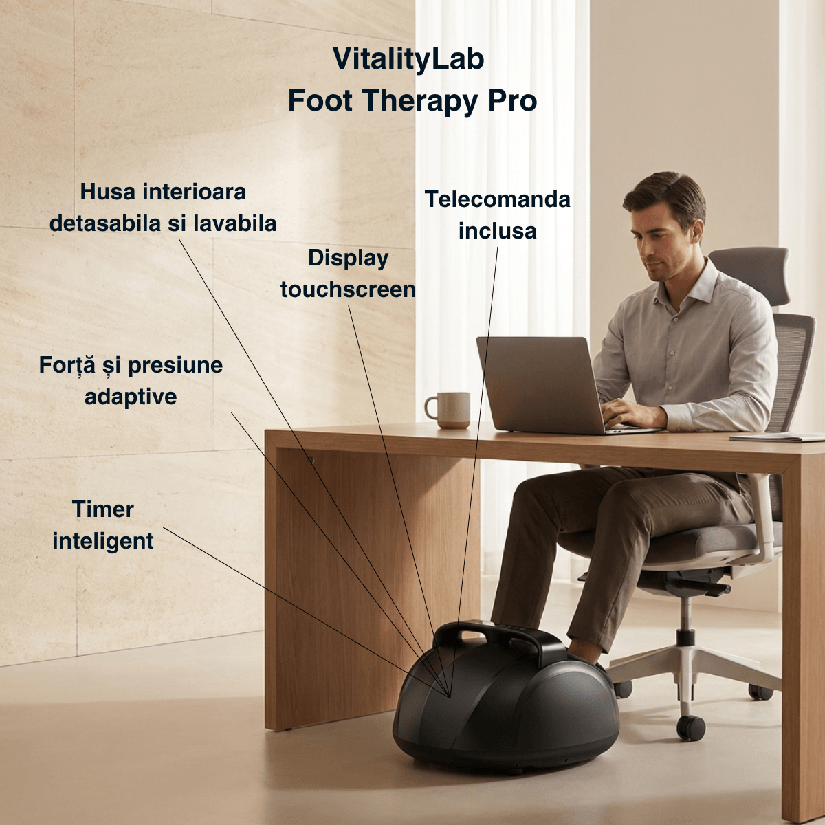 Aparat masaj picioare Foot Therapy Pro Vitality Lab, aparat premium masaj talpi si picioare, masaj perne aer 6D, masaj shiatsu, vibromasaj, incalzire 40-50°C, terapie infrarosu, 9 niveluri intensitate, 5 moduri masaj, display touchscreen si telecomanda