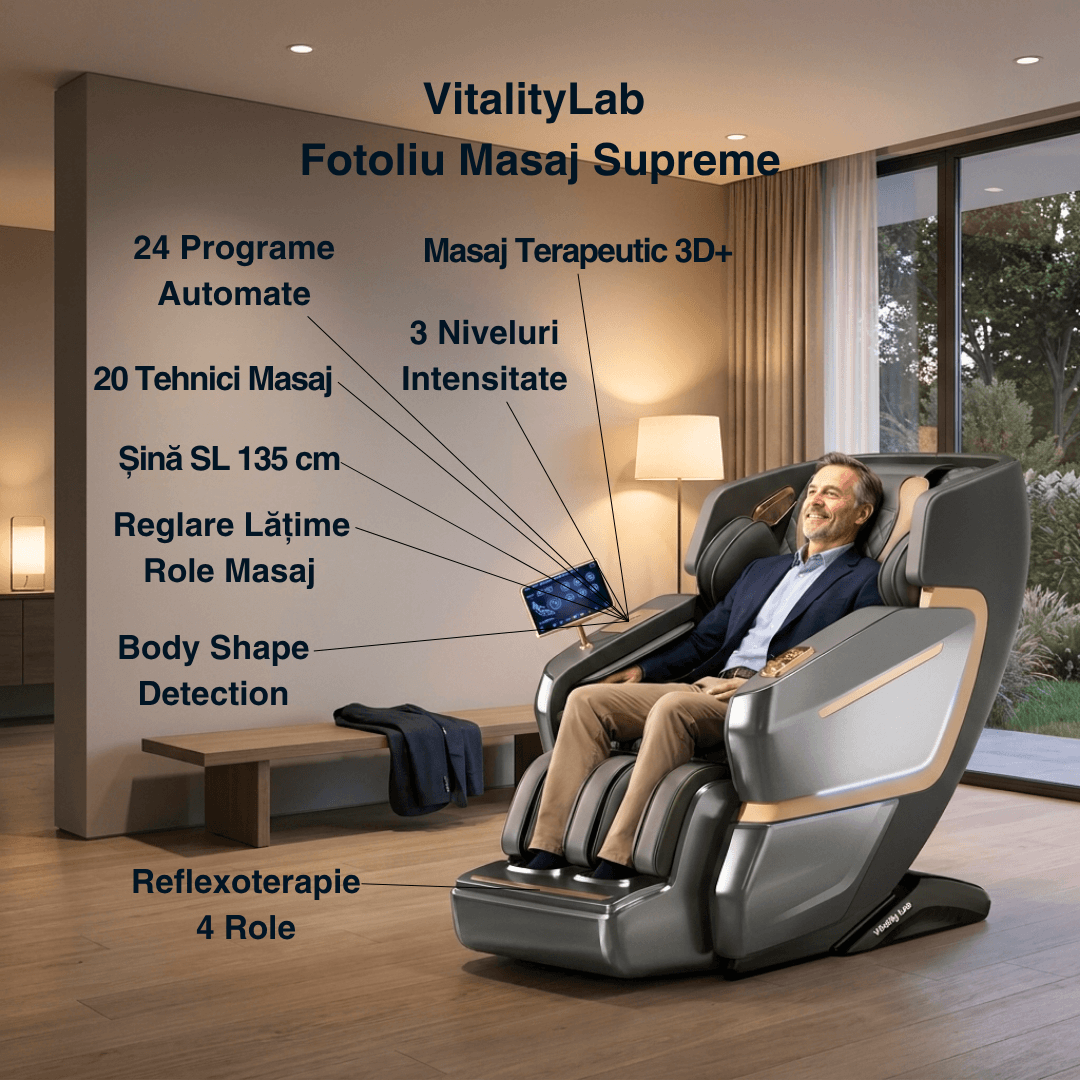 Fotoliu masaj Supreme Vitality Lab, scaun masaj 3D+, sina SL 135 cm, 20 programe automate, 20 tehnici manuale, 3 pozitii Zero Gravity, masaj terapeutic, reflexoterapie, incalzire, drenaj limfatic, ioni negativi, Health Monitor, Bluetooth