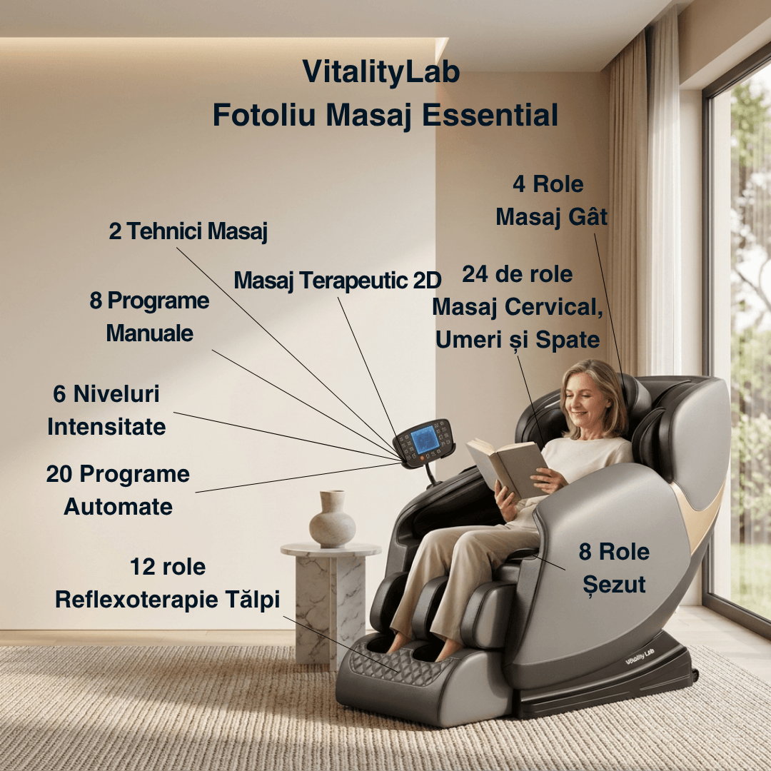 Fotoliu masaj Essential Vitality Lab, scaun masaj 2D, 20 programe automate, 2 tehnici masaj, 48 role, masaj terapeutic, reflexoterapie, incalzire, drenaj limfatic, Zero Gravity, Bluetooth