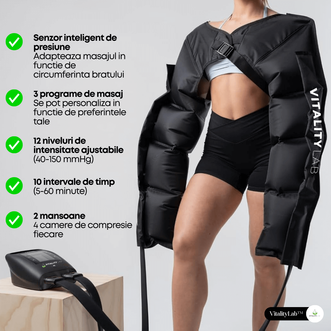 Aparat masaj brate wireless Arm Max Vitality Lab™, presiune mare, masaj terapeutic, drenaj limfatic, 2 mansoane cu 4 camere compresie aer fiecare, 12 niveluri intensitate masaj brate, masaj refacere musculara, masaj relaxare circulator brate