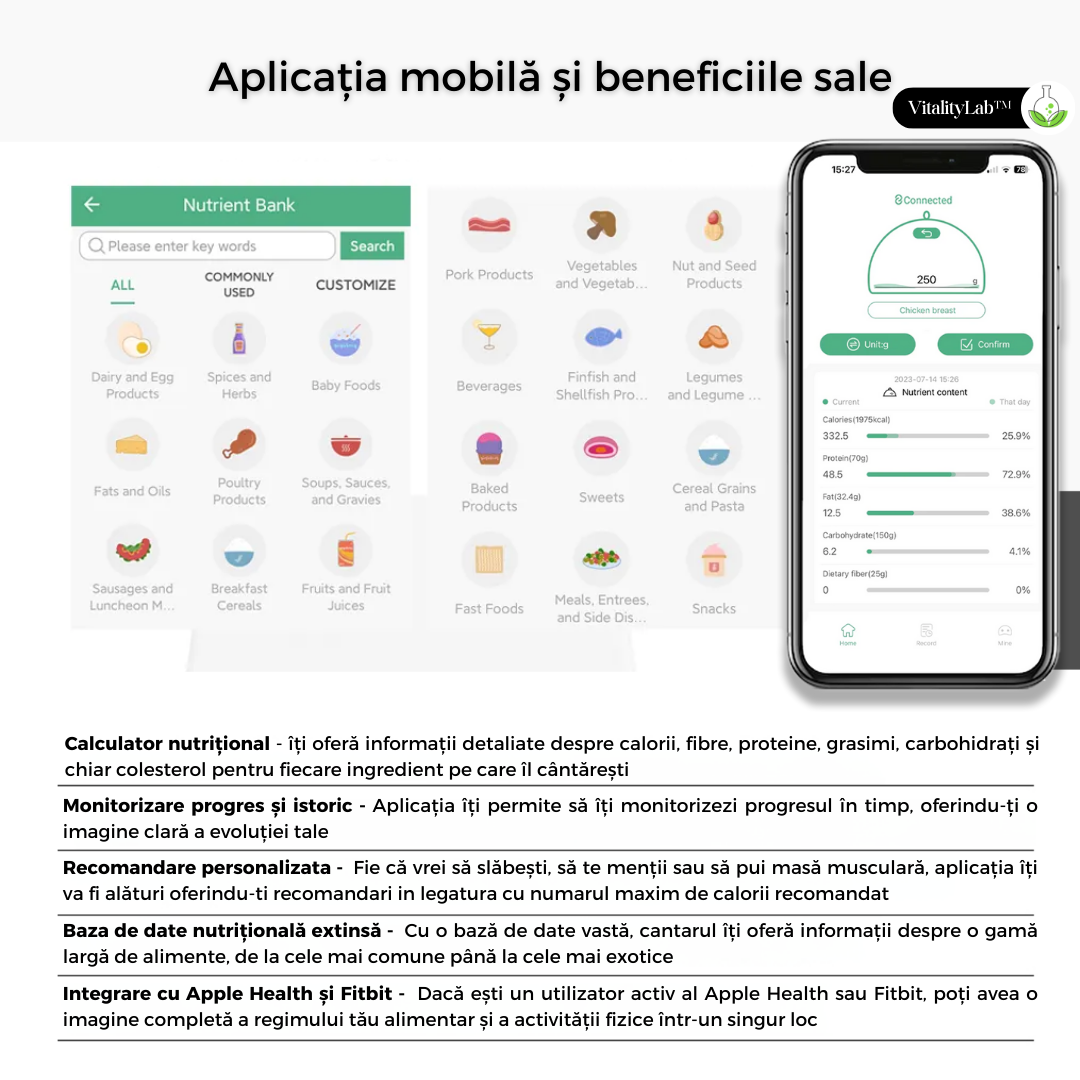 Cantar de bucatarie inteligent Vitality Lab™ Diet Pal, 24 indici nutritionali mancare, calculator calorii, proteine, grasimi, carbohidrati, colesterol, calcul calorii zilnic, aplicatie IOS/Android, integrare Apple Health & Fitbit, alimentatie sanatoasa