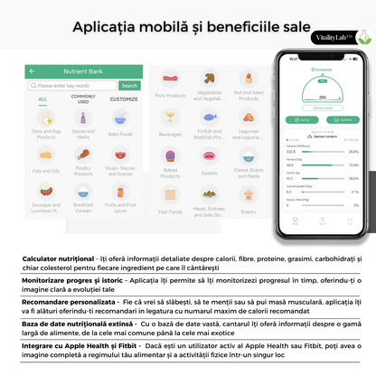 Cantar de bucatarie inteligent Vitality Lab™ Diet Pal, 24 indici nutritionali mancare, calculator calorii, proteine, grasimi, carbohidrati, colesterol, calcul calorii zilnic, aplicatie IOS/Android, integrare Apple Health & Fitbit, alimentatie sanatoasa