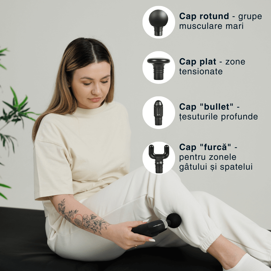 Aparat masaj Vitality Lab ImpactX tip pistol masaj, masaj terapeutic, 1600–3200 percuții/minut, 4000 mAh, 4 capete masaj recuperare, 4 trepte viteză, 4–6 ore de utilizare, motor silențios