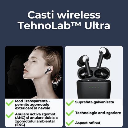 Casti wireless TehnoLab™ Ultra, izolare fonica activa ANC, anularea zgomotului ENC dublu, calitate sunet HiFi lossless, heavy bass, rezistente la apa IPX7, fara fir, microfon incorporat, sport, gaming, Bluetooth 5.3, 80 ore autonomie