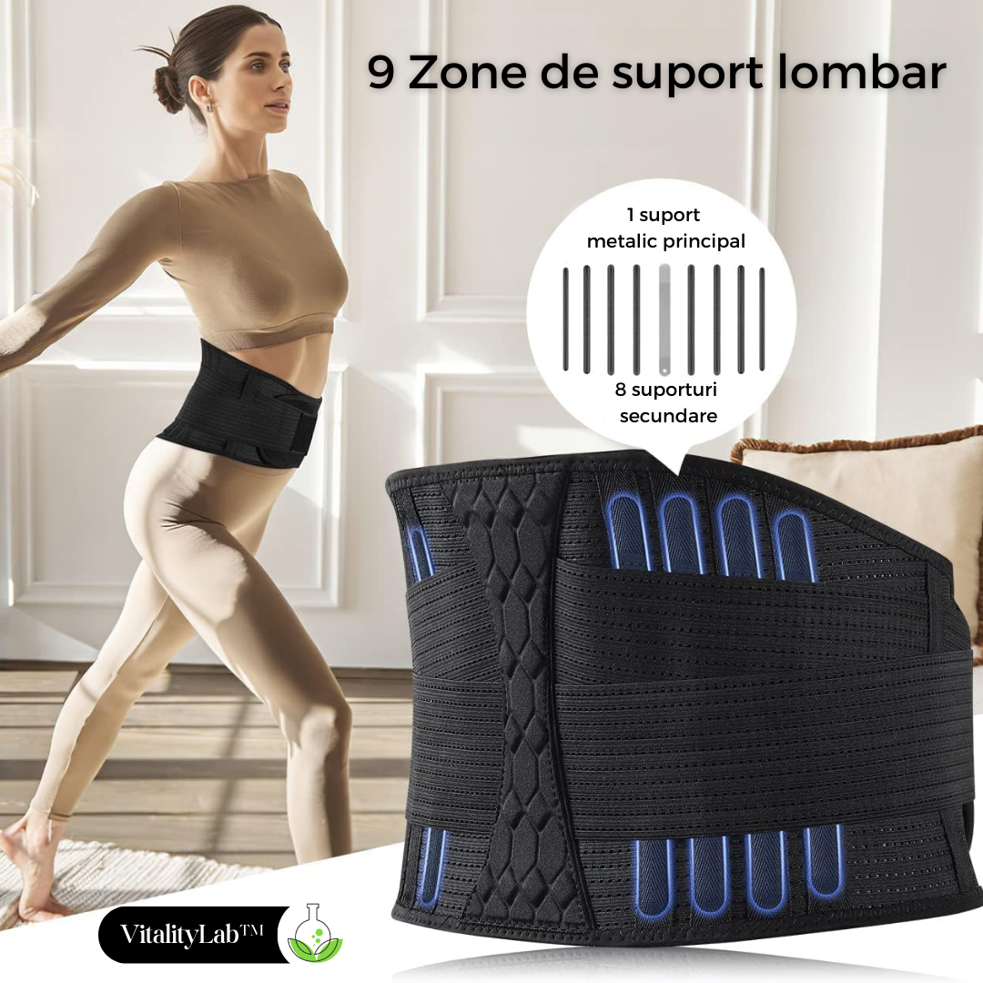 Centura lombara Vitality Lab™, centura lombara cu 9 zone de suport pentru hernie de disc, spondiloza lombara, compresie dubla contra hernie inghinala, centura spate lombosacrala, corector postura