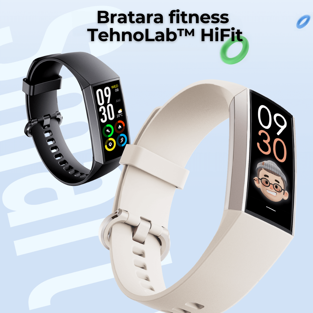 Bratara fitness TehnoLab™ HiFit, monitorizare 25 sporturi, monitorizare somn, pedometru, pulsometru, tensiometru, oximetru, termometru, rezistenta la apa IP67, display AMOLED always-on, 100+ displayuri, autonomie 14 zile