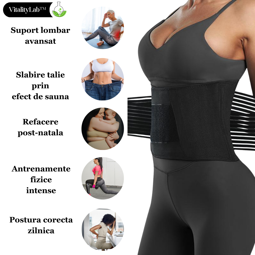 Centura de slabit Vitality Lab™, tip corset, refacere postnatala, suport lombar, compresie dubla, talie si abdomen, neopren, modelare, corector postura, negru