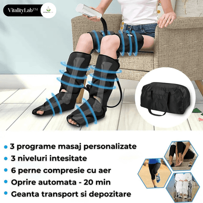 Aparat masaj picioare Pro Massager Vitality Lab™, drenaj limfatic, 3 programe masaj picioare, 3 niveluri intensitate, 6 perne compresie aer pentru masaj picioare, gambe si coapse, masaj relaxare pentru circulatie, dureri si inflamatie picioare