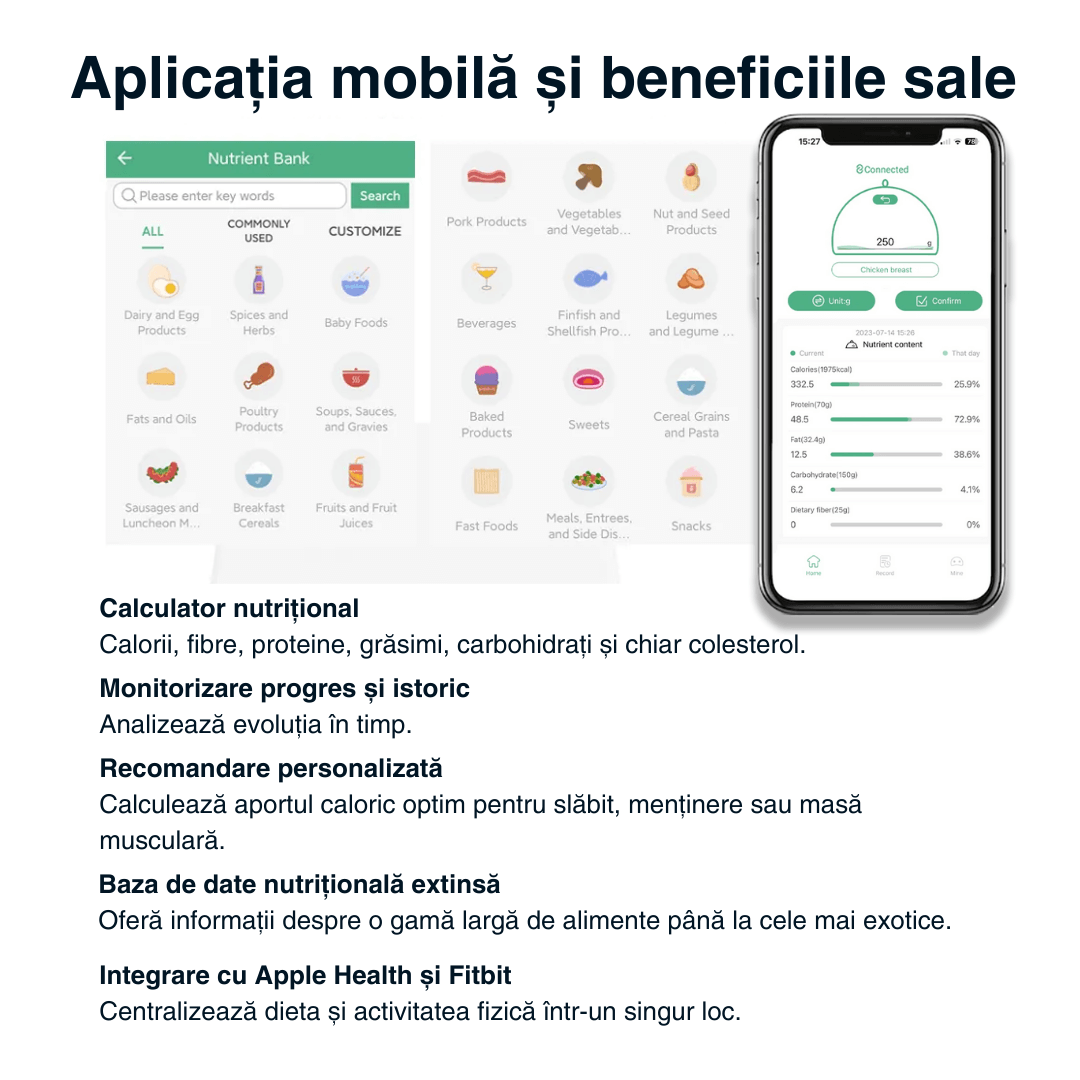 Cântar de bucătărie inteligent Vitality Lab Diet Pal, 24 indici nutriționali mâncare, calculator calorii, proteine, grăsimi, carbohidrați, colesterol, calcul calorii zilnic, aplicație iOS/Android, integrare Apple Health & Fitbit, alimentație sănătoasă
