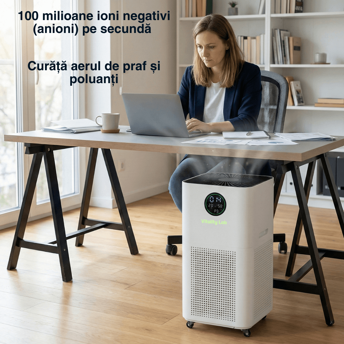 Purificator aer Vitality Lab Vortex, 120 m², CADR 800 m³ h, senzor PM2.5, sterilizare duală UV-C + O3, filtrare HEPA și TVOC carbon activ, ionizare 100 milioane ioni/secundă, senzor umiditate și temperatură, control inteligent smart WiFi iOS/Android
