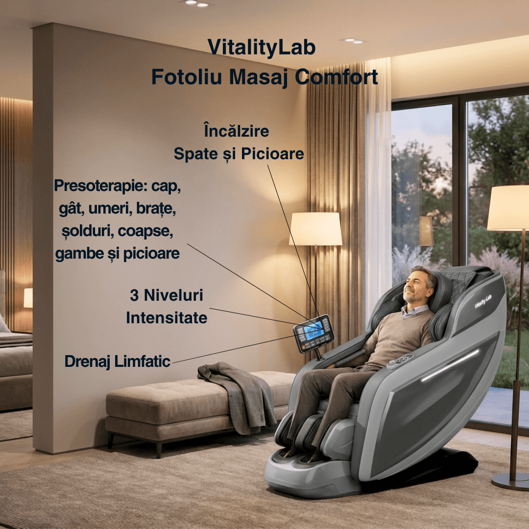 Fotoliu masaj Comfort Vitality Lab, scaun masaj 3D, sina SL long 150 cm, 20 programe automate, 6 tehnici manuale, masaj terapeutic, reflexoterapie, incalzire, drenaj limfatic, Zero Gravity, Health Monitor, Bluetooth