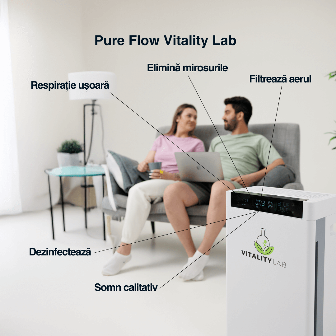 Purificator aer Vitality Lab™ Pure Flow – 80 m², CADR 600, HEPA + carbon, UV-C + ozon, senzor PM2.5, ionizare, WiFi smart, higrometru, termometru