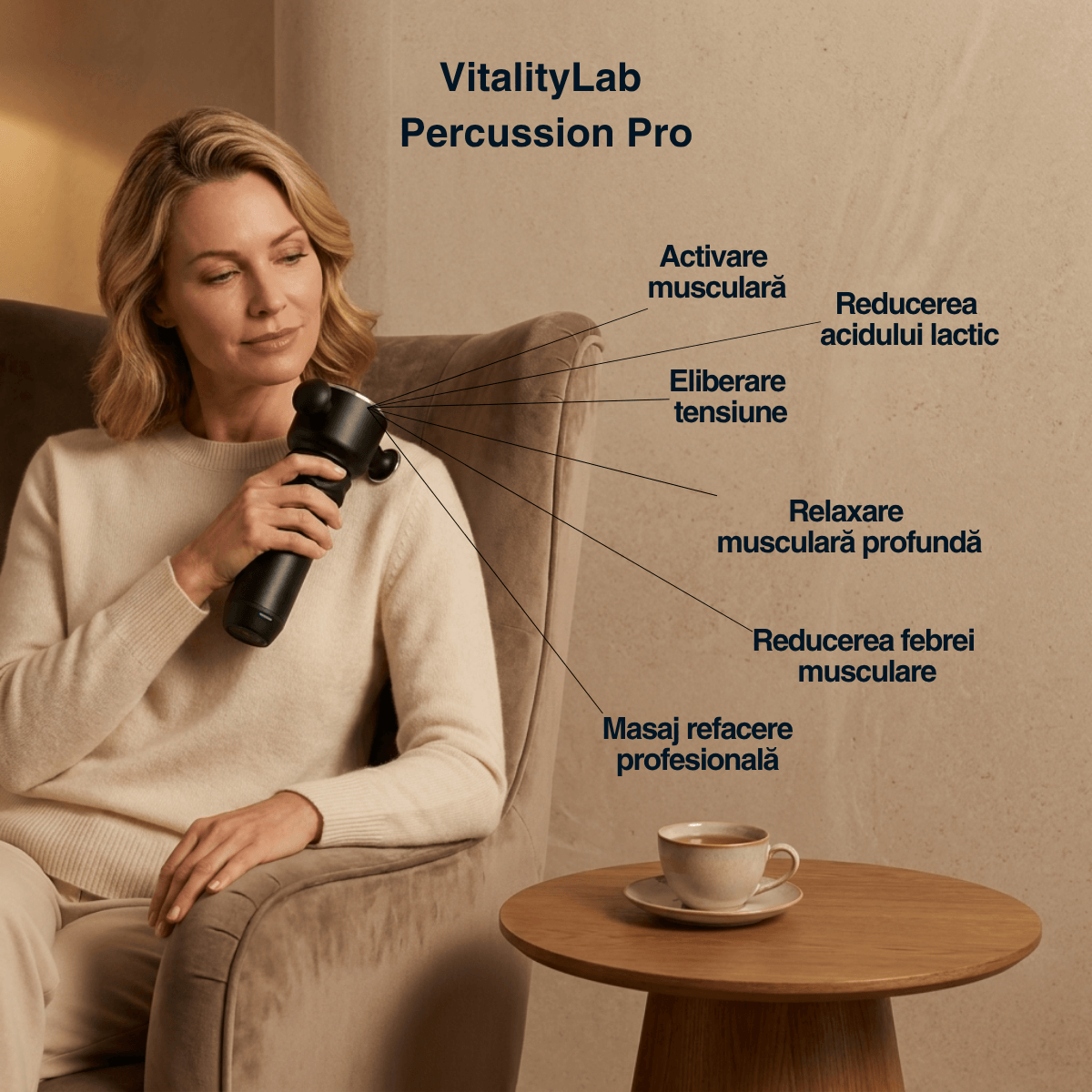 Pistol de masaj Percussion Pro Vitality Lab, pistol masaj muscular, aparat masaj prin percutie, percutii de inalta frecventa, 5 viteze 5500-7000 rpm, amplitudine 3mm, forta 14 kg, motor brushless, baterie 2900 mAh, masaj relaxare si recuperare musculara