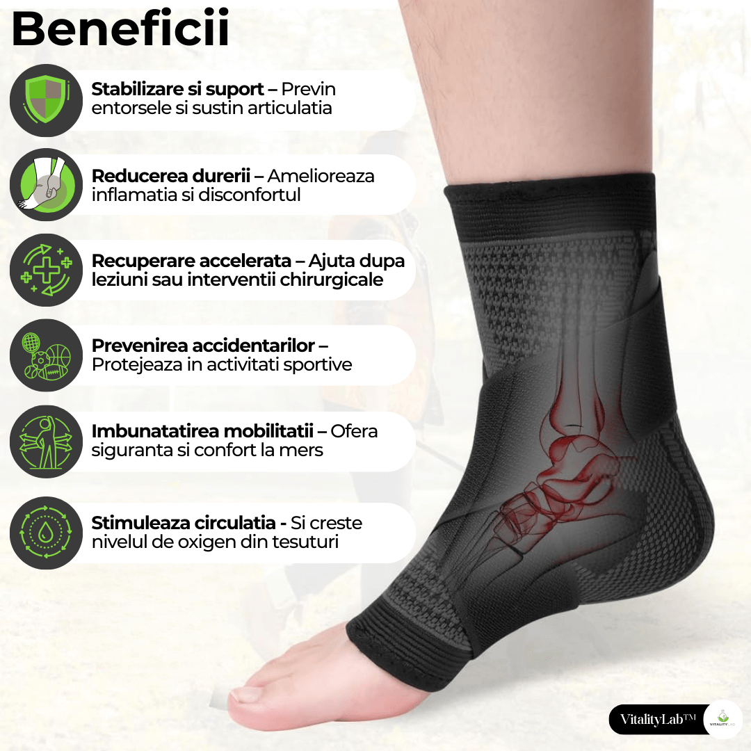 Gleznieră Vitality Lab, tratament entorsă glezna, luxație, prevenție tendinită, ameliorare artrită, bursita, compresie glezna, mărime universală