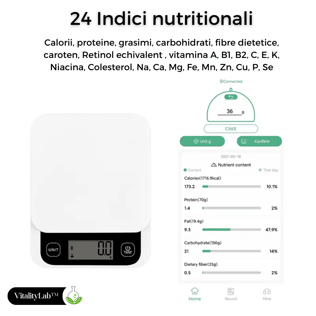 Cantar de bucatarie inteligent Vitality Lab™ Diet Pal, 24 indici nutritionali mancare, calculator calorii, proteine, grasimi, carbohidrati, colesterol, calcul calorii zilnic, aplicatie IOS/Android, integrare Apple Health & Fitbit, alimentatie sanatoasa