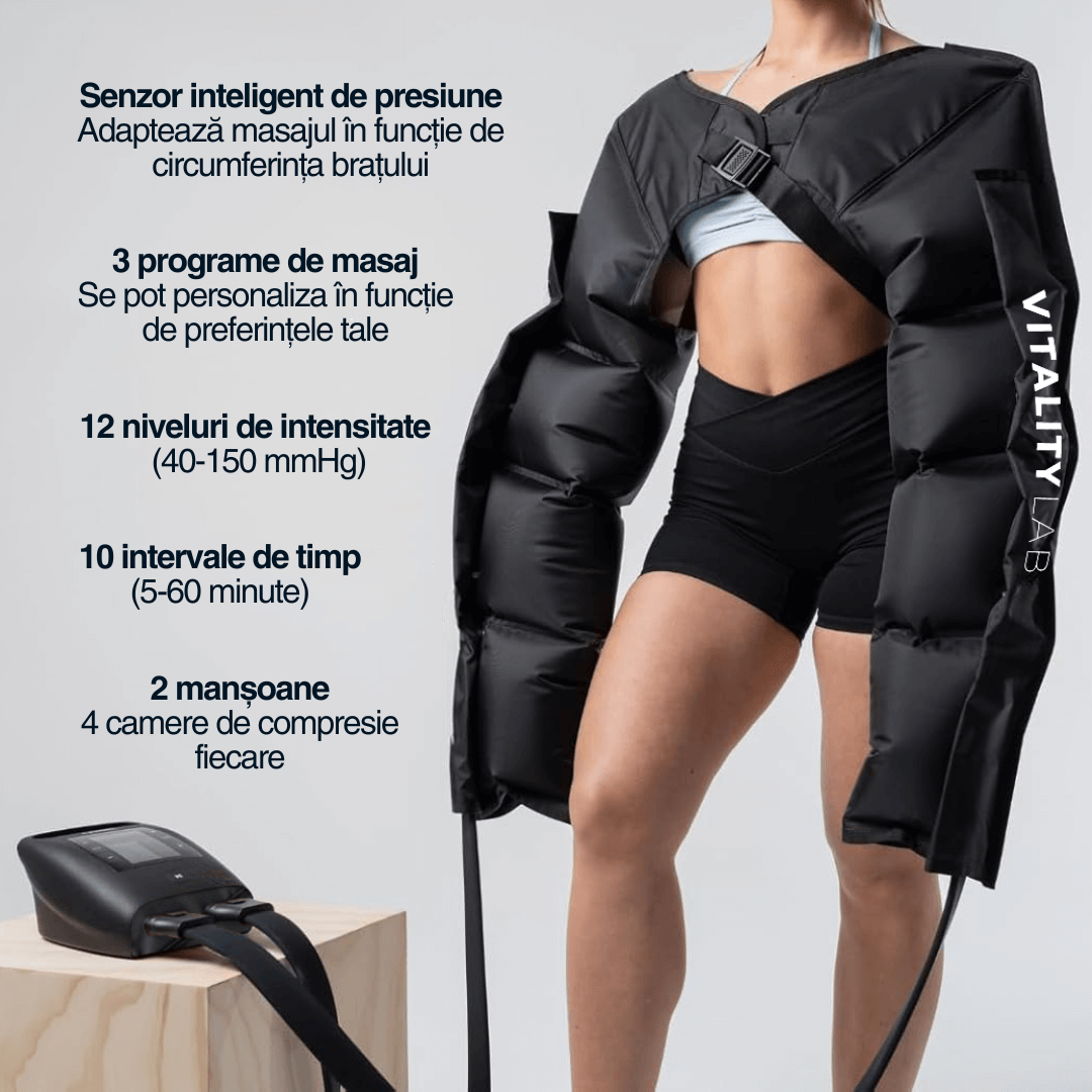 Aparat masaj brațe wireless Ultra Pulse Arm Max Vitality Lab – 2 manșoane cu 4 camere, 12 niveluri, presiune mare, drenaj limfatic, refacere musculară