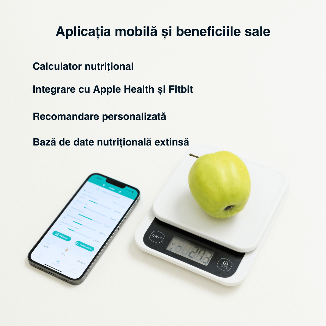 Cântar de bucătărie inteligent Vitality Lab Diet Pal, 24 indici nutriționali mâncare, calculator calorii, proteine, grăsimi, carbohidrați, colesterol, calcul calorii zilnic, aplicație iOS/Android, integrare Apple Health & Fitbit, alimentație sănătoasă