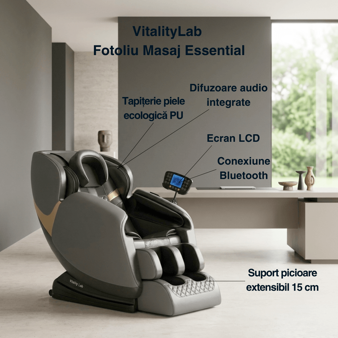 Fotoliu masaj Essential Vitality Lab, scaun masaj 2D, 20 programe automate, 2 tehnici masaj, 48 role, masaj terapeutic, reflexoterapie, incalzire, drenaj limfatic, Zero Gravity, Bluetooth