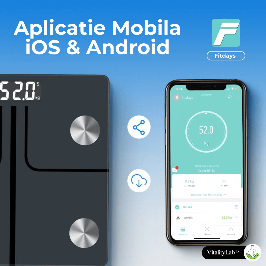 Cantar corporal inteligent Vitality Lab™ Smart, 14 indici corporali, 4 senzori analiza, calculator indice masa corporala, raport evolutie utilizator, numar de utilizatori nelimitat, integrare IOS/Android