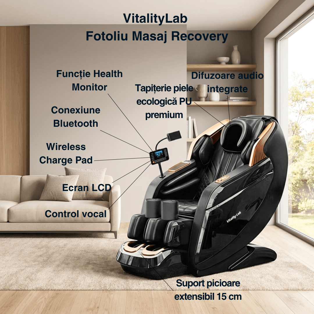 Fotoliu masaj Recovery Vitality Lab, scaun masaj 3D, sina SL 167 cm, 20 programe automate, 6 tehnici manuale, 22 camere de aer, role din jad, masaj terapeutic, reflexoterapie, incalzire, drenaj limfatic, ioni negativi, Zero Gravity, Bluetooth, max. 140 kg