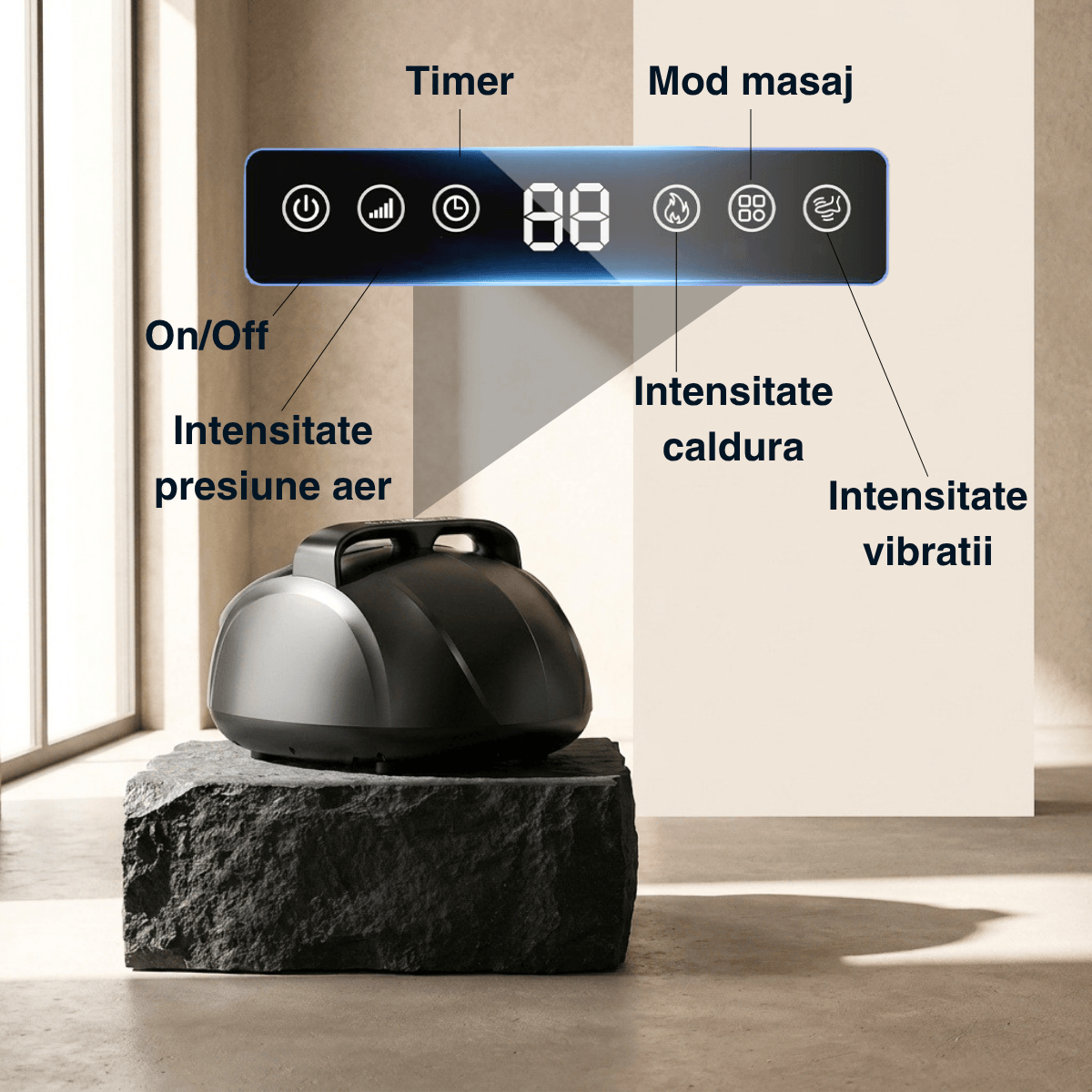 Aparat masaj picioare Foot Therapy Pro Vitality Lab, aparat premium masaj talpi si picioare, masaj perne aer 6D, masaj shiatsu, vibromasaj, incalzire 40-50°C, terapie infrarosu, 9 niveluri intensitate, 5 moduri masaj, display touchscreen si telecomanda