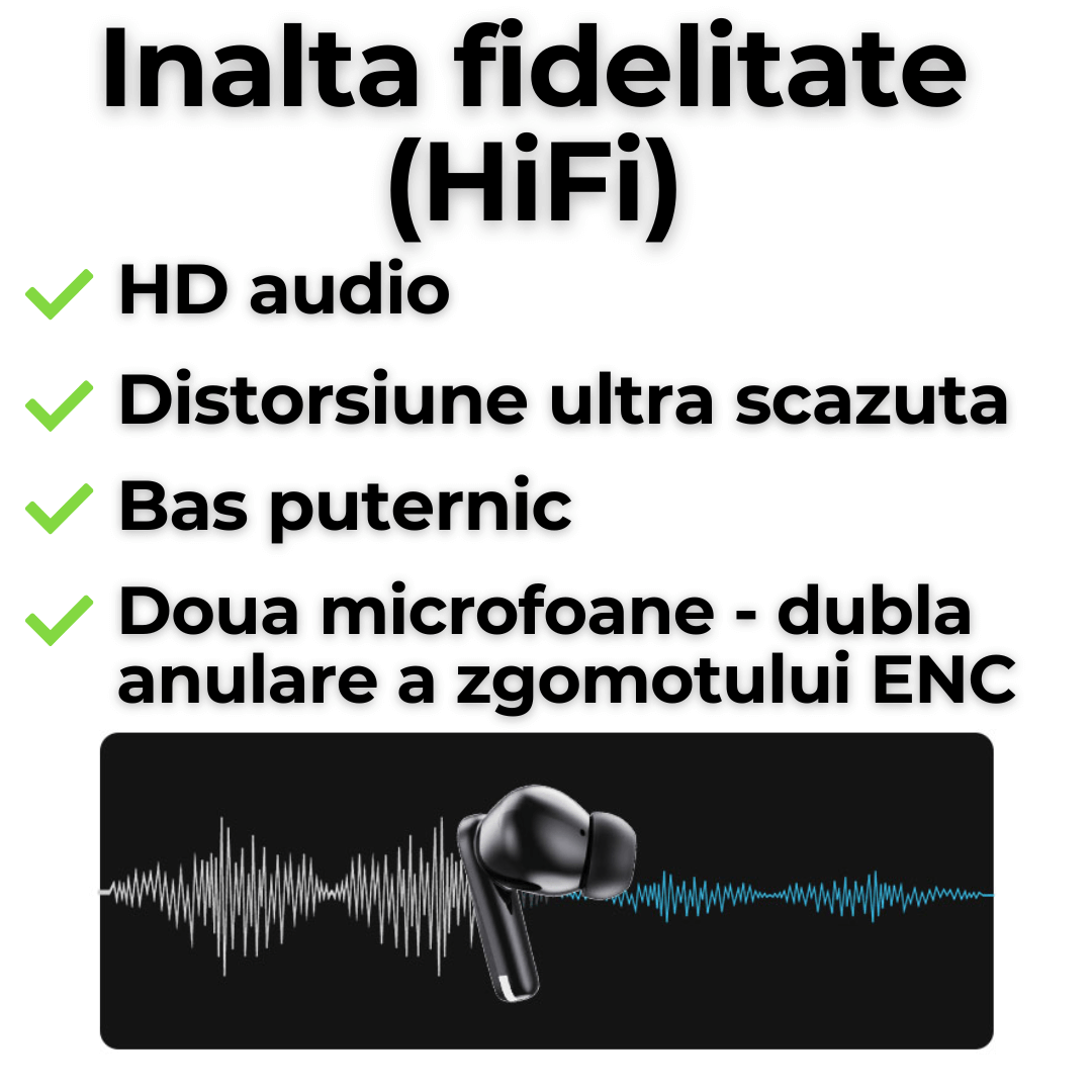 Casti wireless TehnoLab™ Pro, izolare fonica activa ANC, anularea zgomotului ENC dublu, calitate sunet HiFi lossless, heavy bass, rezistente la apa IPX7, fara fir, microfon incorporat, sport, gaming, Bluetooth 5.3, 25 ore autonomie