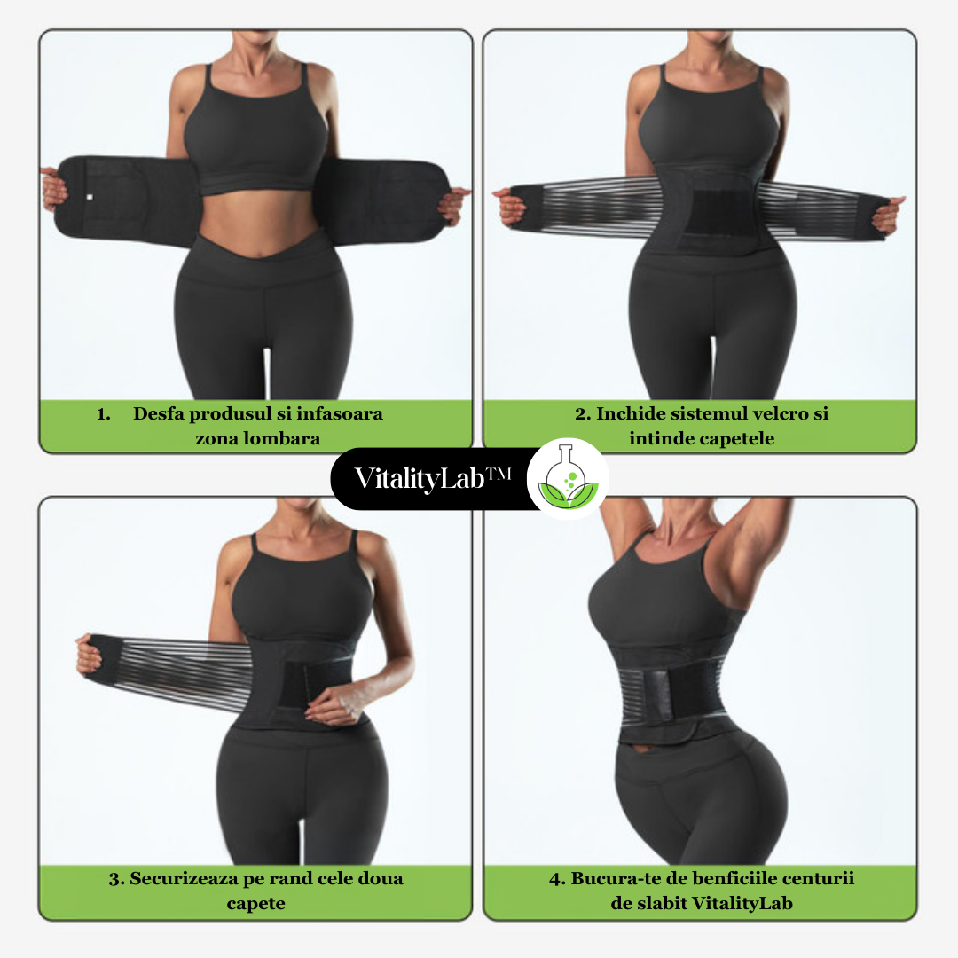 Centura de slabit Vitality Lab™, tip corset, refacere postnatala, suport lombar, compresie dubla, talie si abdomen, neopren, modelare, corector postura, negru