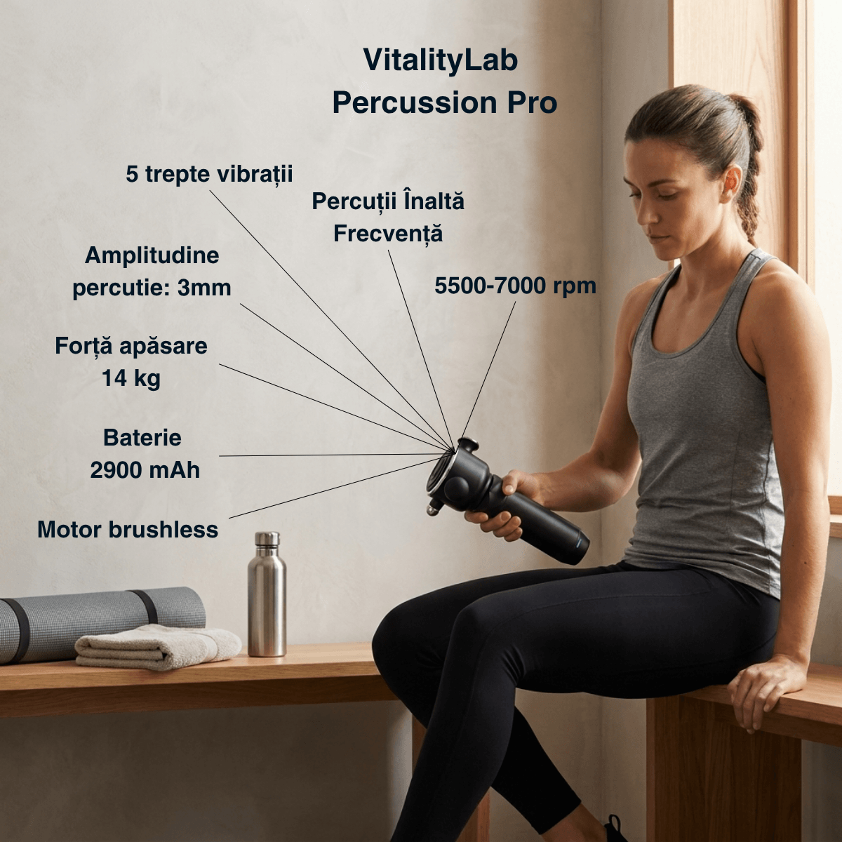 Pistol de masaj Percussion Pro Vitality Lab, pistol masaj muscular, aparat masaj prin percutie, percutii de inalta frecventa, 5 viteze 5500-7000 rpm, amplitudine 3mm, forta 14 kg, motor brushless, baterie 2900 mAh, masaj relaxare si recuperare musculara