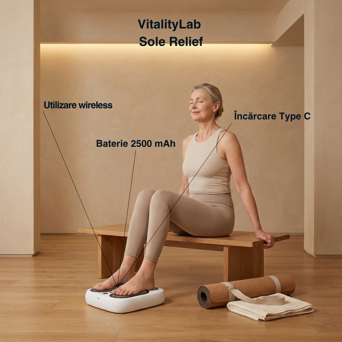 Aparat masaj talpi si gambe Sole Relief Vitality Lab, aparat masaj picioare cu masaj shiatsu, role masaj, framantare, incalzire si terapie infrarosu, 3 moduri masaj, 3 niveluri intensitate, baterie 2500 mAh, masaj relaxare talpi, gambe si picioare obosite
