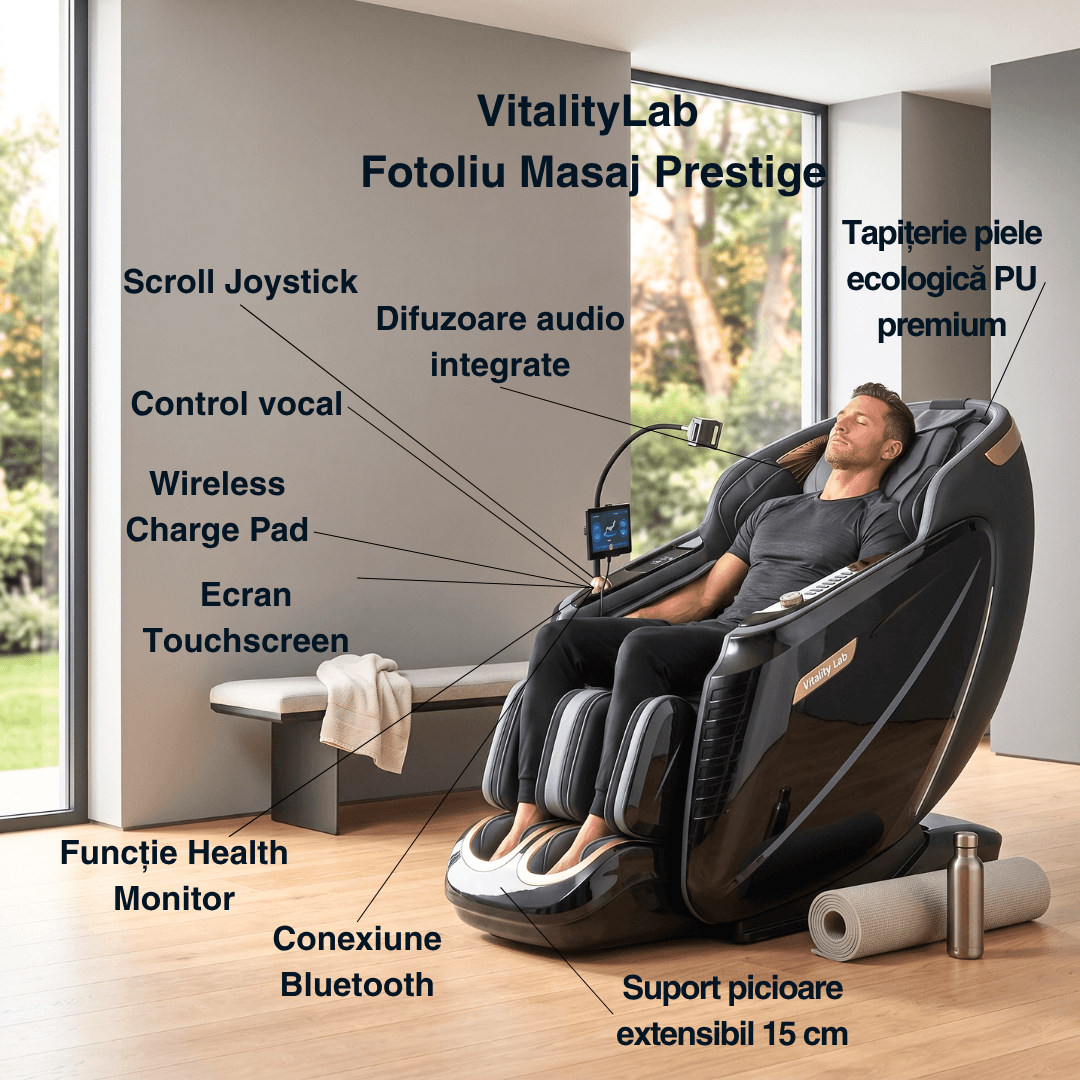 Fotoliu masaj Prestige Vitality Lab, scaun masaj 3D, robot inteligent dublu 4+6 role, sina SL 135 cm, 24 programe automate, 8 tehnici manuale, masaj terapeutic, reflexoterapie, incalzire, drenaj limfatic, Zero Gravity, Health Monitor, Bluetooth