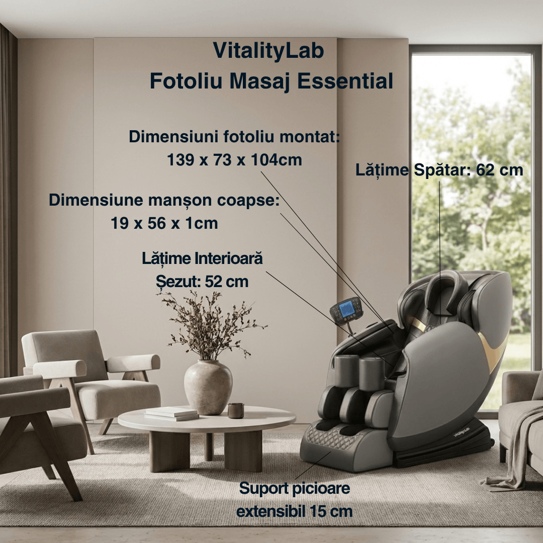 Fotoliu masaj Essential Vitality Lab, scaun masaj 2D, 20 programe automate, 2 tehnici masaj, 48 role, masaj terapeutic, reflexoterapie, incalzire, drenaj limfatic, Zero Gravity, Bluetooth