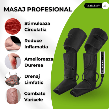 Aparat masaj picioare Pro Massager Vitality Lab™, drenaj limfatic, 3 programe masaj picioare, 3 niveluri intensitate, 6 perne compresie aer pentru masaj picioare, gambe si coapse, masaj relaxare pentru circulatie, dureri si inflamatie picioare